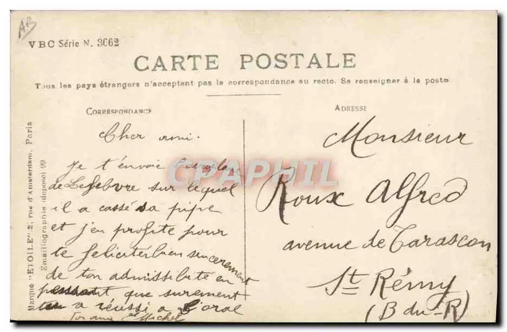 Lefèvre na samolocie Wright — Wydawca VBC, seria N. 3662 - Rewers