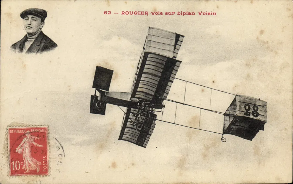 Rougier vole sur biplan Voisin — 62 — éditeur S.R.A. n°34 - Recto