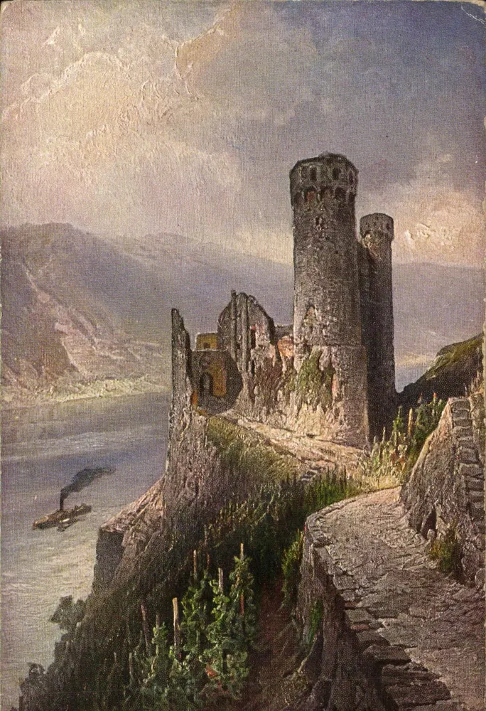 Ruínas de Ehrenfels — Ruínas nas margens do rio Reno — editor Astudin-Karten & Bechthold, n° 102 - Frente