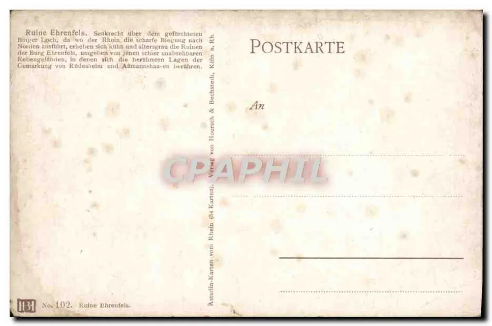 Ruínas de Ehrenfels — Ruínas nas margens do rio Reno — editor Astudin-Karten & Bechthold, n° 102 - Verso