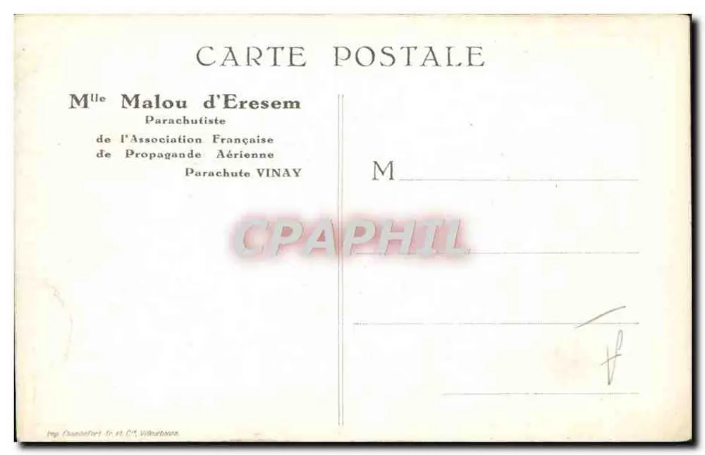 Mlle Malou d'Eresem — parachutiste de l'Association Française de Propagande Aérienne — éditée par VINAY - Verso
