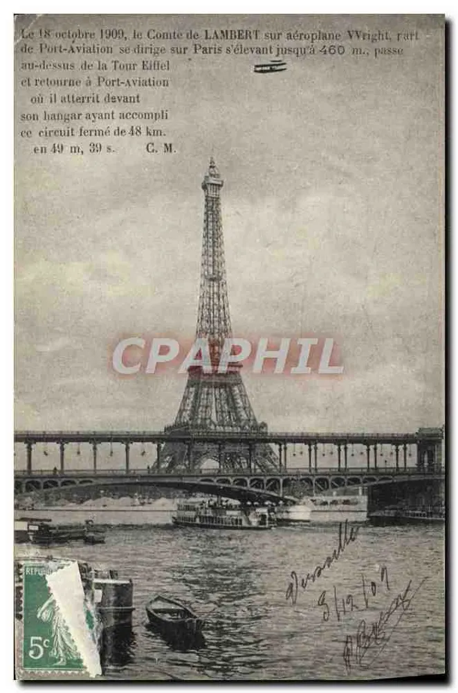 Paris — La Tour Eiffel vue du pont au Change avec un aéroplane en vol — C. Malcuit, phot.-édit Paris - Frente