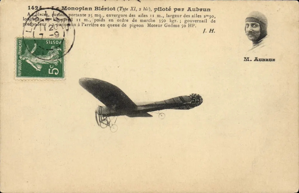 Der Monoplan Blériot (Typ XI, 2 bis), geflogen von Aubrun — J. H. — J. Hauser, phot. publ., Paris - Vorderseite