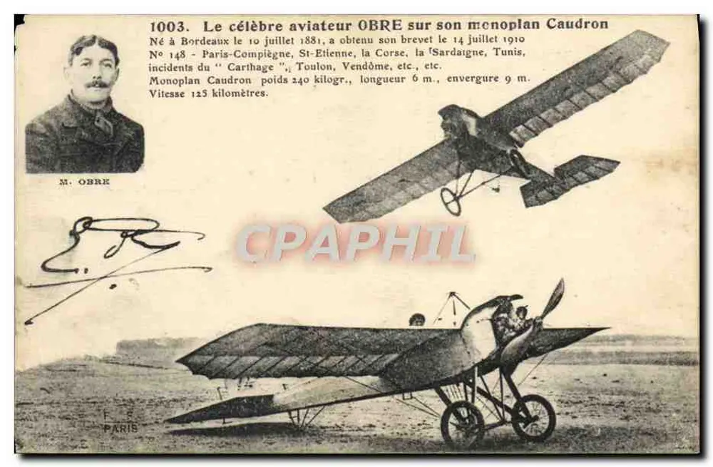 Herr Obre auf seinem Caudron-Monoplan — illustrierte Ansichtskarte — F. S. Paris - Vorderseite
