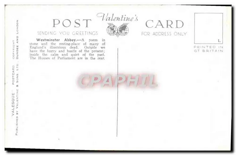 Torres Oeste, Abadia de Westminster, Londres — Valesque Postcard, n° H.6047 - Verso