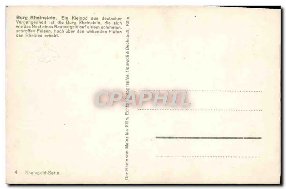 Burg Rheinstein — castelo medieval em falésia — série Rheingold, editor E. Hounesch & Co., n°4 - Verso