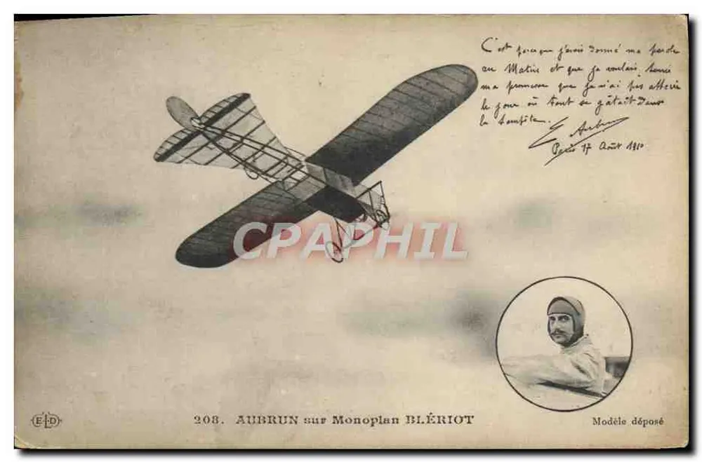 Aubrun sur Monoplan Blériot — Modèle déposé, éditeur E.D. n°208 - Frente