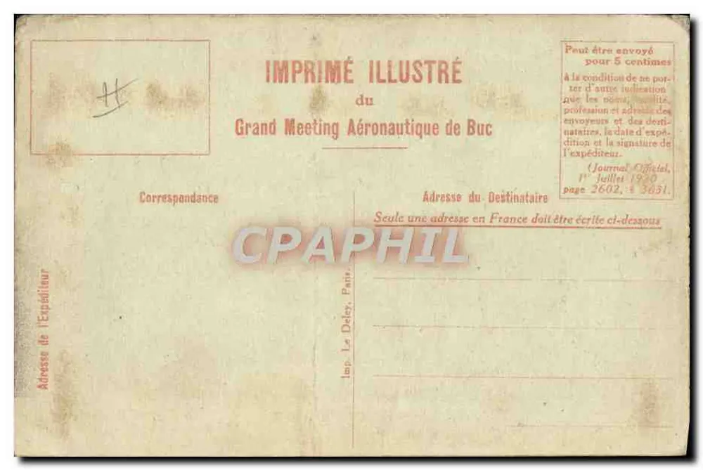 Le Farman « David » — avion biplan sur champ d'herbe — Imprimé Illustré du Grand Meeting Aéronautique de Buc - Verso