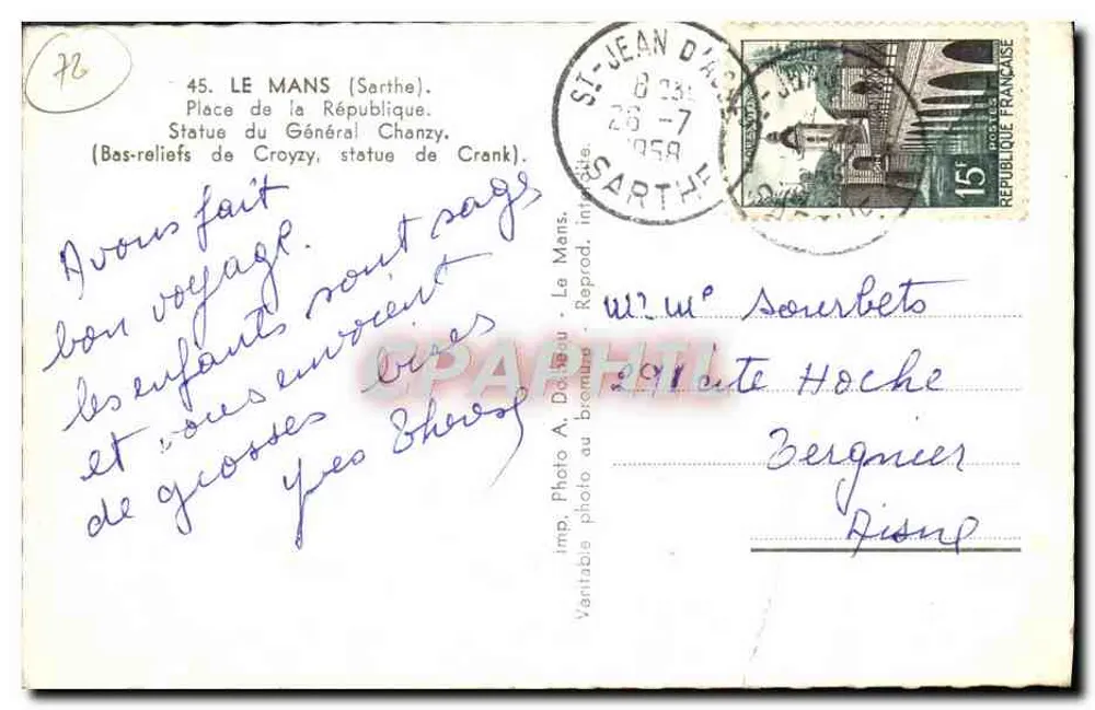 Praça da República — Estátua do Geral Chanzy — Imp. Photo A. Dabreau, Le Mans - Verso