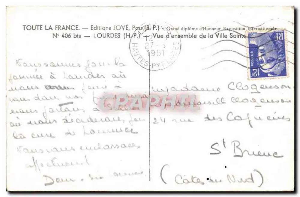 Lourdes — Panorama della Città Santa — Edizioni JOVÉ, N° 406 bis - Verso