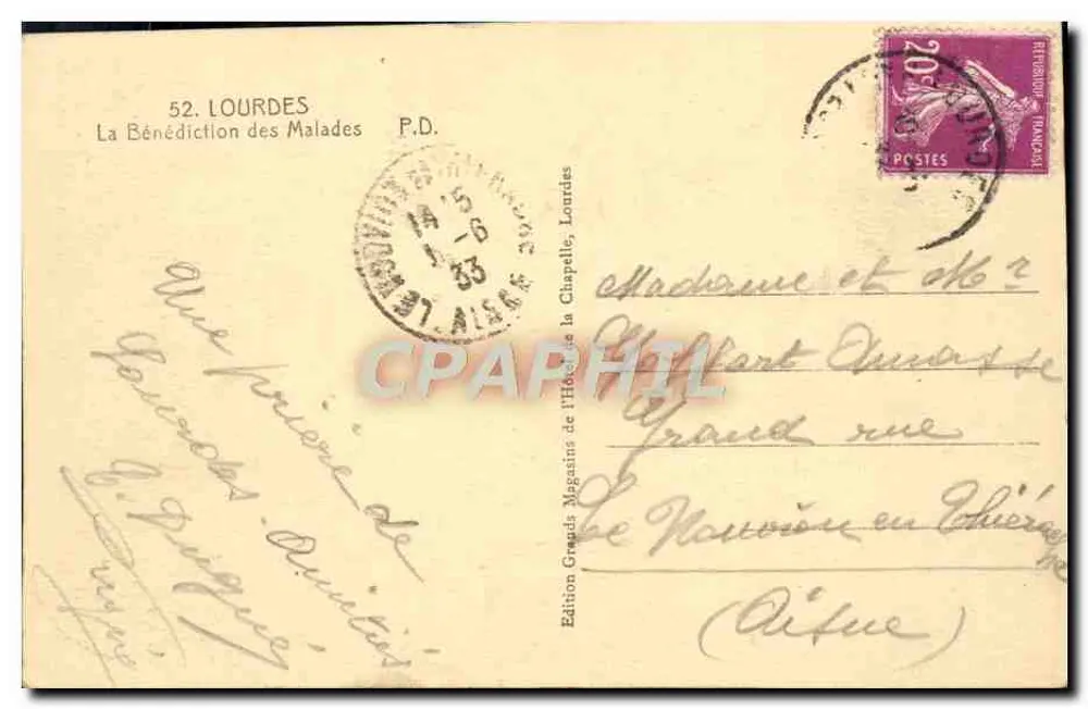 Lourdes — A Bênção dos Doentes — Edição Grégois da Efeméride da Cinquentena - Verso
