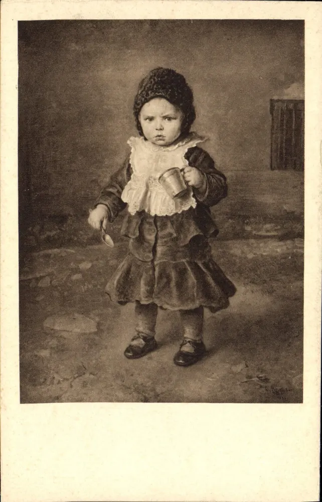Criança com chapéu e vestido com mangas — segurando uma xícara e uma colher — reprodução a partir do original de Ludwig Knaus, n° 876 - Frente