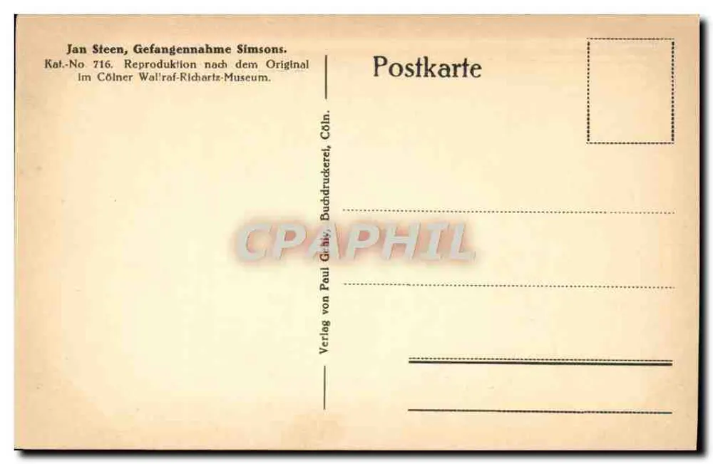 Jan Steen, Captura de Simsons — Reprodução do museu Walrathz, Colônia — editor Paul Gräby - Verso