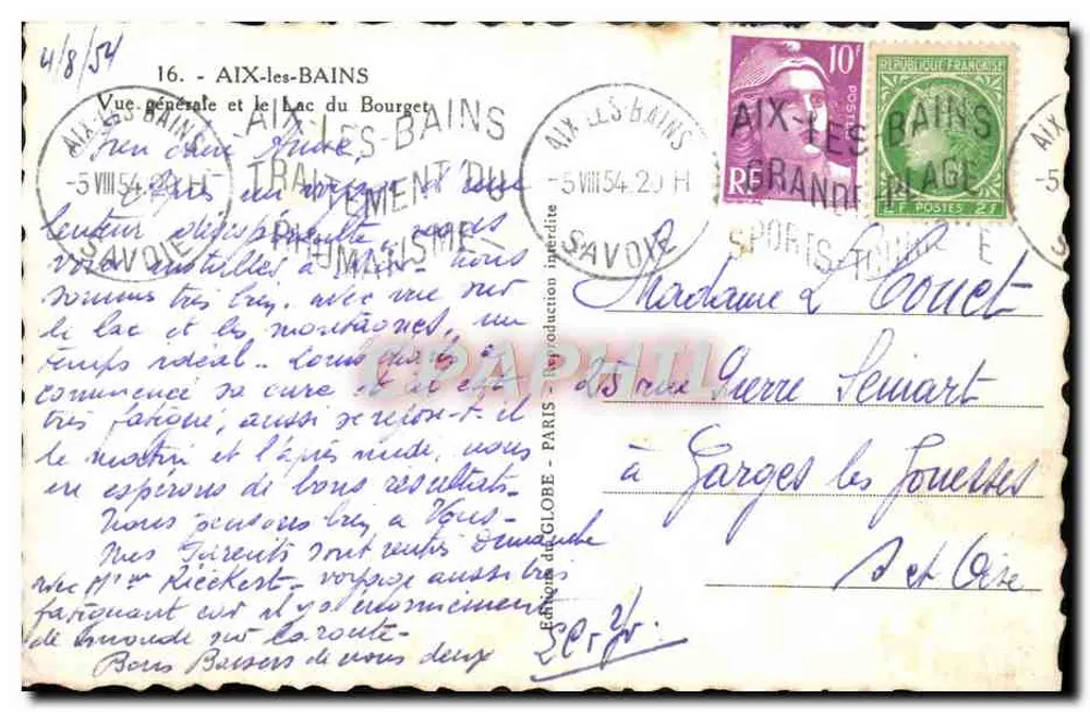 Aix-les-Bains — Vista geral e Lago de Bourget — Editor GLOBE, n°16 - Verso