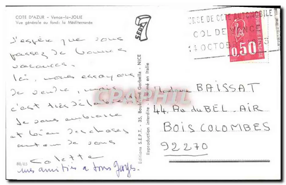 Vista geral da Costa Azul — Vence-la-Jolie — Edições S.E.P.T. n°88/65 - Verso
