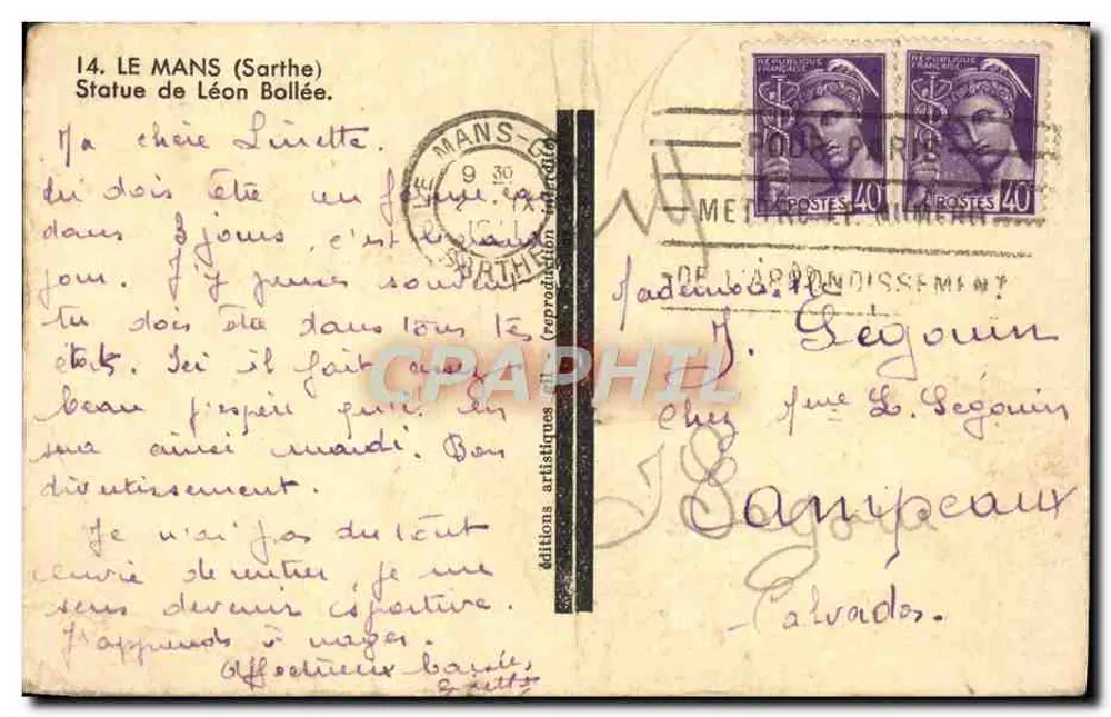 Le Mans (Sarthe) — Estátua de Léon Bollée — edições artísticas - Verso