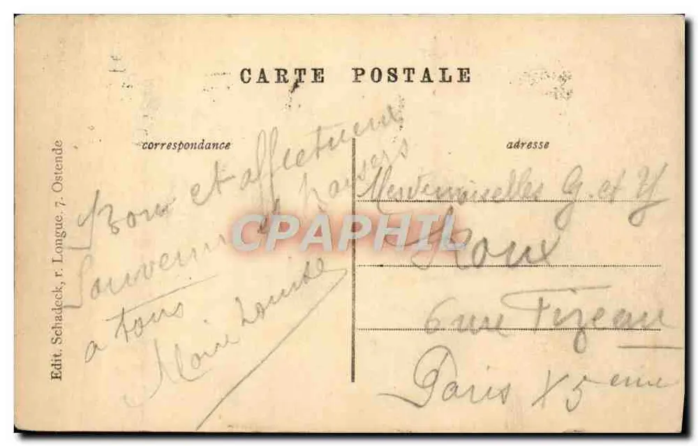 Ostende. A Digue — visão da promenade e da frente marítima — Edit. Schadeck, r. Longue, Ostende - Verso