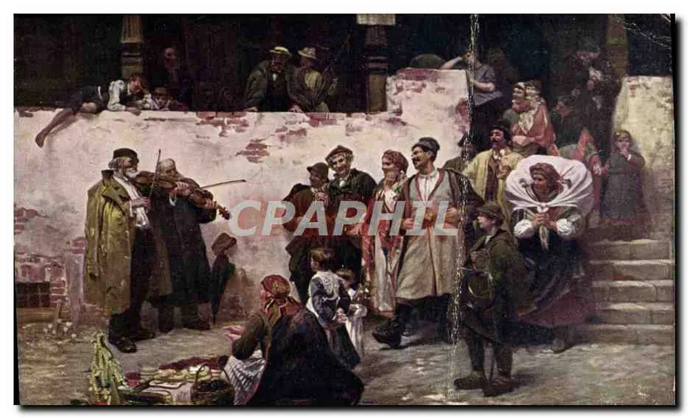 Scène de rue — musicien jouant du violon devant un public — éditeur W. Wodzinski, Kraków - Frente