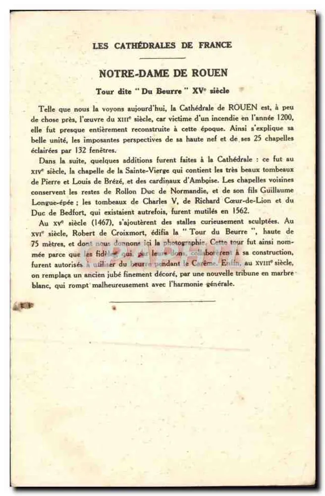 Rouen (Seine-Inférieure) — Catedral Nossa Senhora (Torre chamada da Manteiga) — Coleção da Kolarsine e da Solução Pautaubeerge - Verso