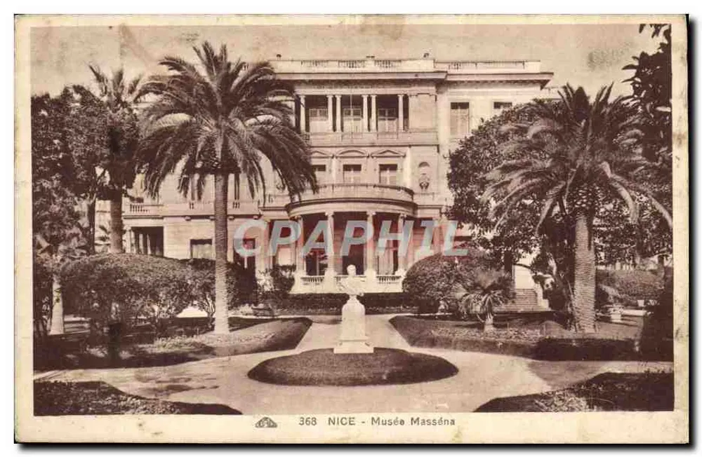 Nizza - Museum Masséna — Ansicht des Gebäudes mit Garten und Statue, Verlag Druck auf Karte Nr. 368 - Vorderseite