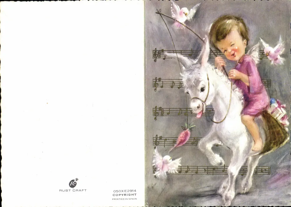 Niño en burro — con pájaros y partituras musicales — Rust Craft, n° 050XE2914 - Anverso