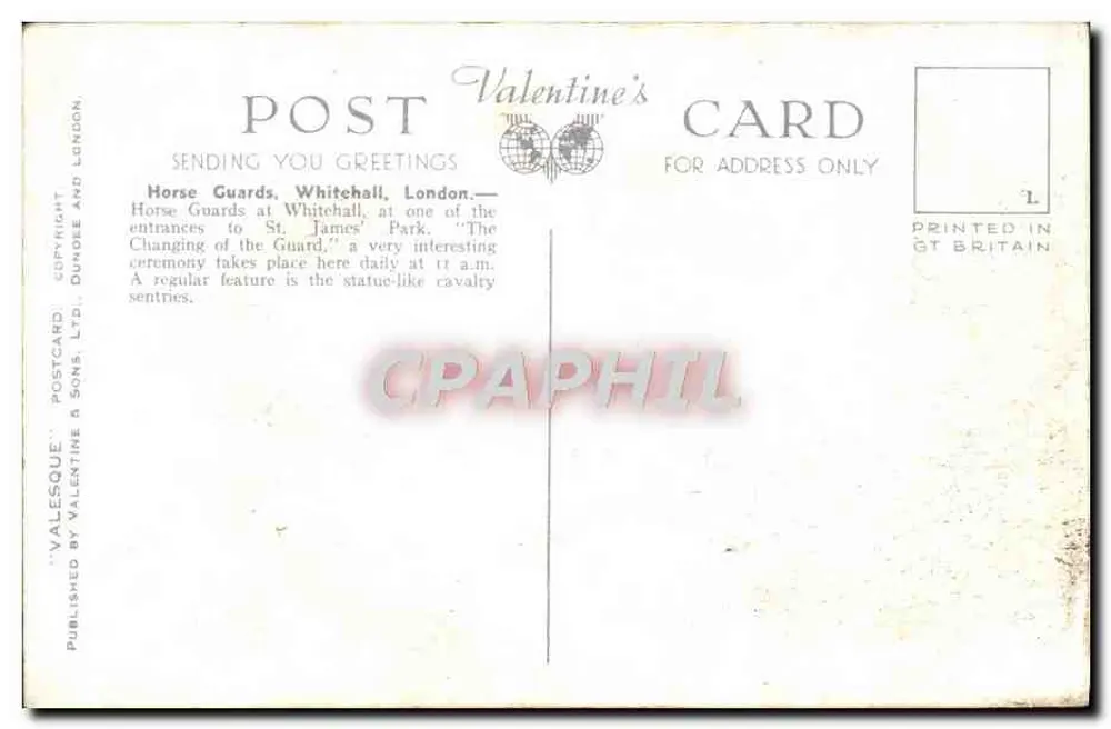 Guardias a caballo, Whitehall, Londres — Valesque Postcard & Sons Ltd, n° 64226 - Reverso