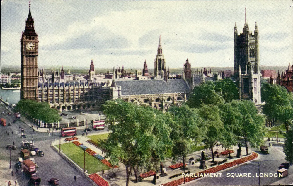 Parlament Square, Londyn — widok na Pałac Westminsterski i wieżę Big Ben — wydawca J. Salmon Ltd., nr 709c - Awers