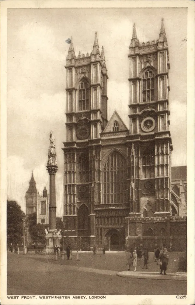 Frente Oeste, Abadia de Westminster, Londres — vista da abadia e do monumento de Nelson — editor Walter Scott, n° C225 - Frente
