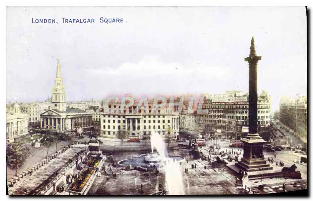 Londres, Trafalgar Square — vista panorâmica com o Monumento de Nelson e a fonte — Graphphil - Frente