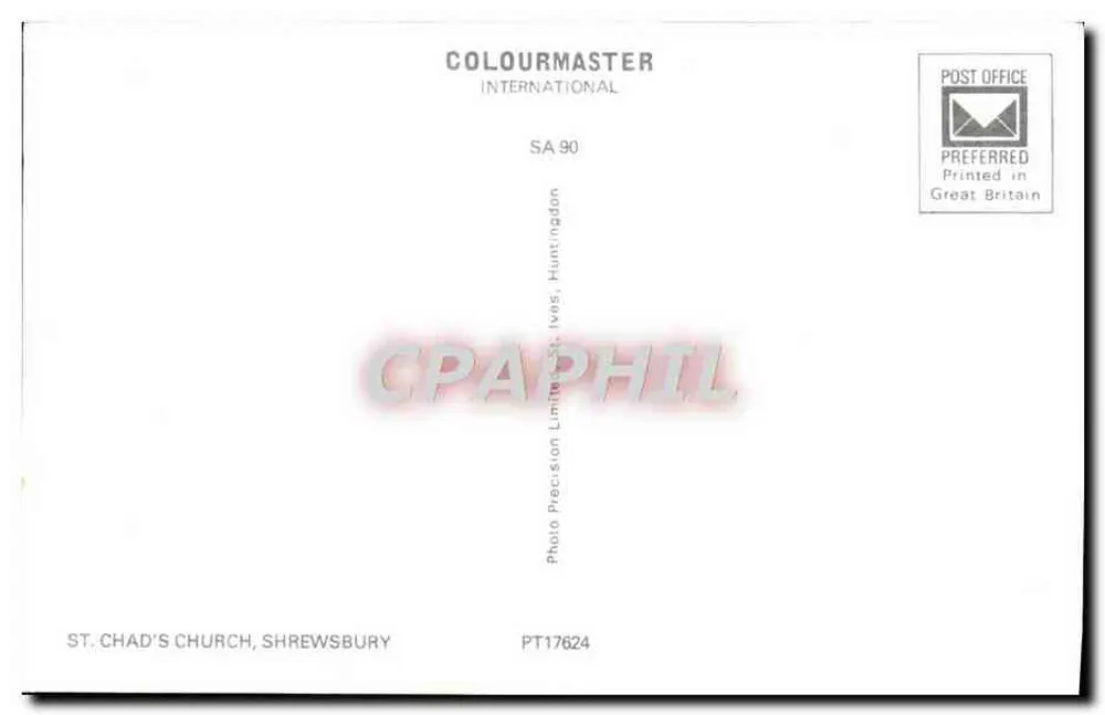 Kerk van San Chad, Shrewsbury — uitgever Colourmaster International, serie SA.90 - Achterkant