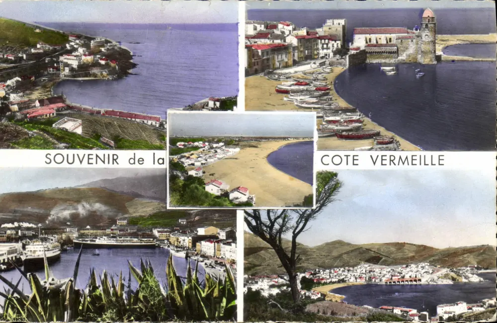 Côte Vermeille — panoramische Ansicht mit Hafen, Sandstrand und befestigtem Gebäude — Verlag Sté des Cartes Poux - Vorderseite