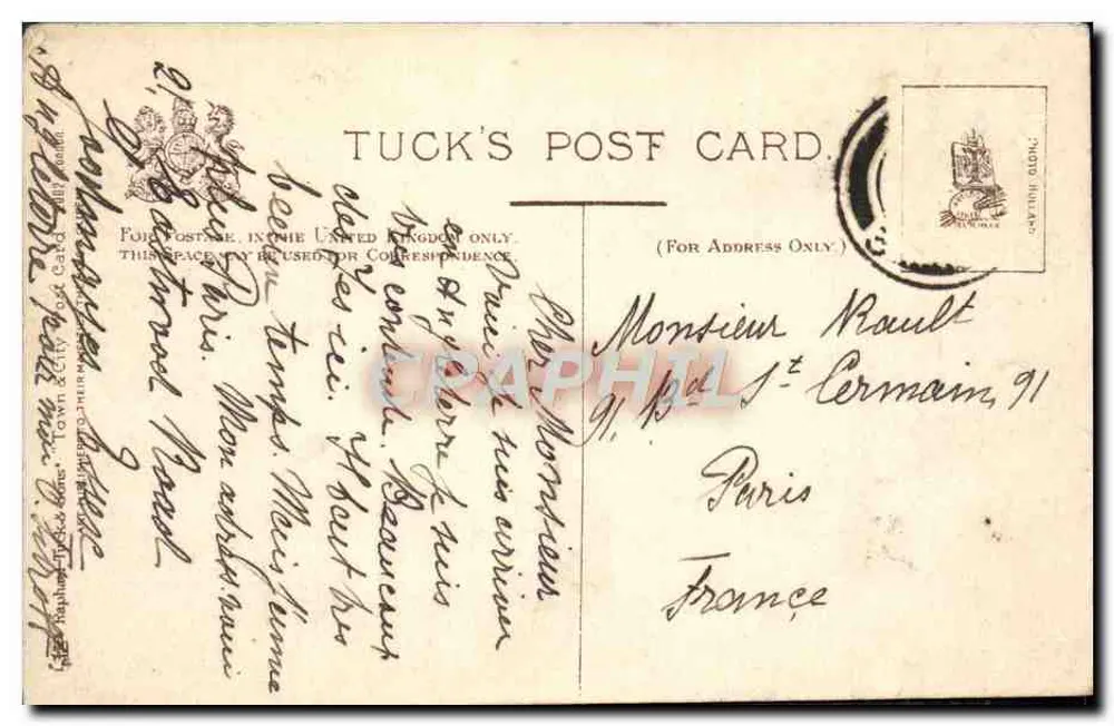 London - Pall Mall, Looking East — vue de la rue avec bâtiments et véhicules d'époque — éditeur Tuck's Post Card - Verso