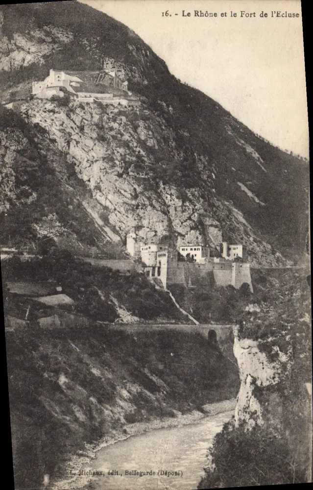 O Rio Rhône e o Forte da Ecluse — Bellegarde — L. Micheaux, editor Bellegarde (Depositado) - Frente