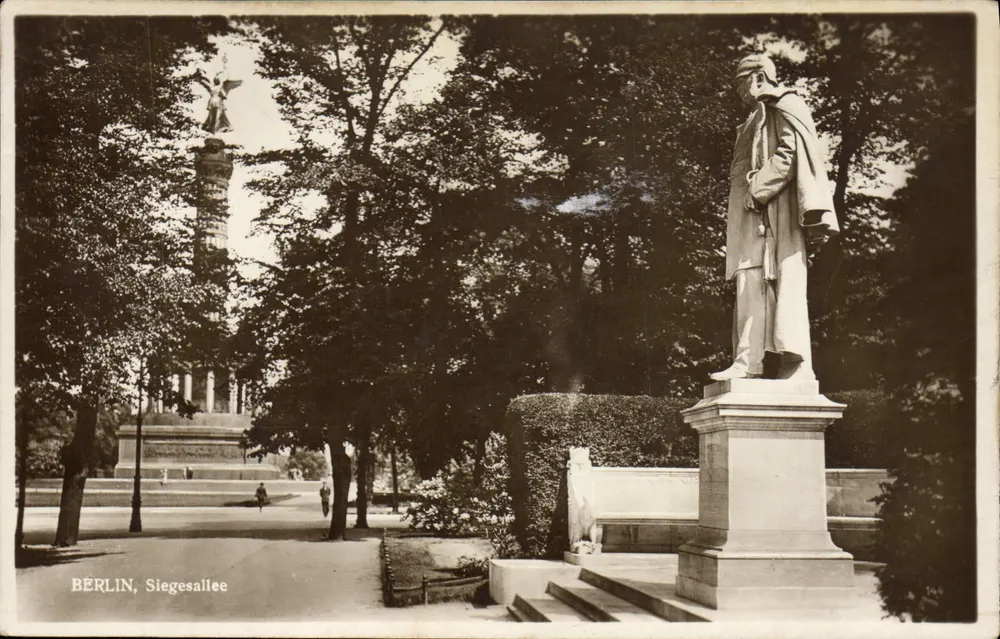 Berlim, Siegesallee — vista do monumento da vitória e de uma estátua — editor Junga, n° 164 - Frente