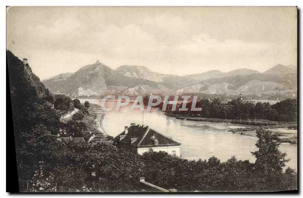 Rolandseck e Siebengebirge — vista panorâmica — Verlag von Edm. von Künz, Heideberg, Königskarte 3585 - Frente