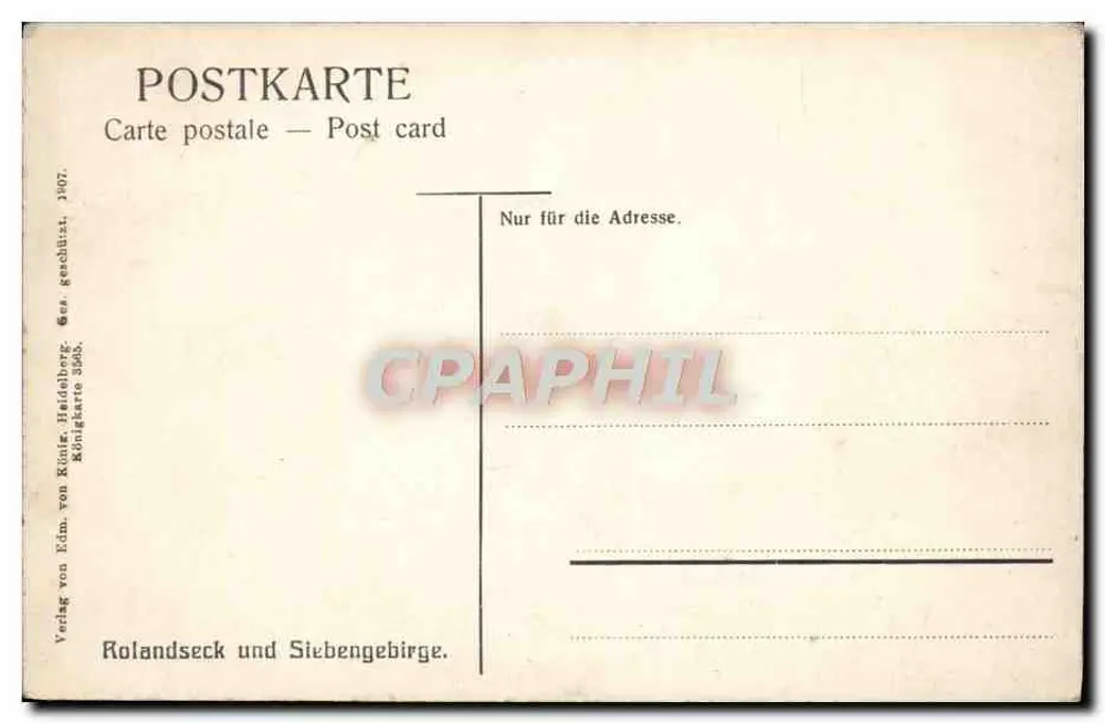 Rolandseck e Siebengebirge — vista panorâmica — Verlag von Edm. von Künz, Heideberg, Königskarte 3585 - Verso