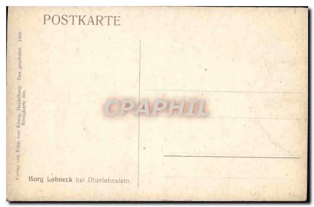 Burg Lahneck bei Oberlahnstein — castelo em colina florestada — Verlag von Edin, von Künig, Herdelerberg, Königskarte 204 - Verso