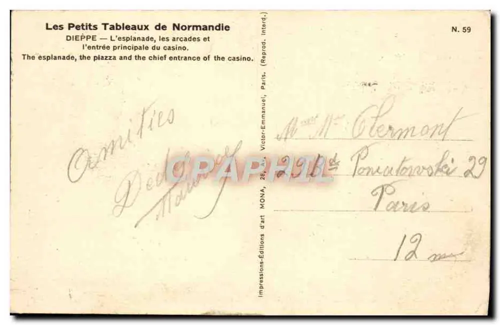 Dieppe — Die Esplanade, die Arcaden und der Haupteingang des Kasinos — MONA, N. 59 - Rückseite