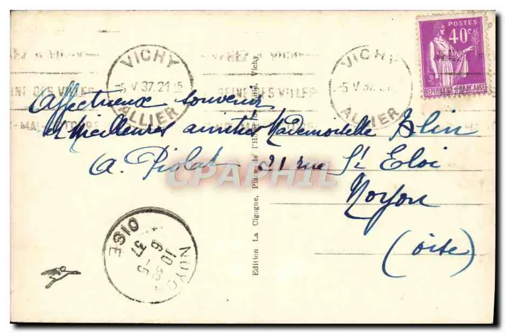 Vichy — Esplanada do Hotel de Ville — Edição La Cigogne - Verso