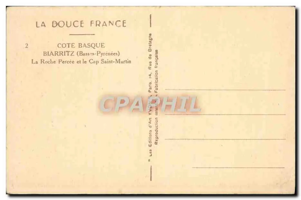 A Roche Percée e o Cabo Saint-Martin — Biarritz (Basses-Pyrénées) — Éditions d'Art Yvon, n°2 - Verso