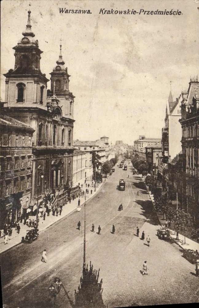 Warszawa. Krakowskie-Przedmieście — vue de la rue avec édifice à deux tours — éditeur : Reprodukcja Zastrzeżona, n° 105 - Vorderseite
