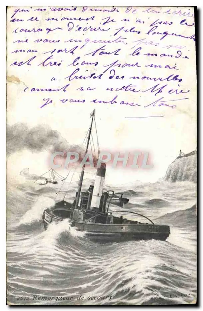 Remorqueur de secours — scène maritime avec navire en mer agitée — éditeur L.V. ROZ n°3575 - Frente