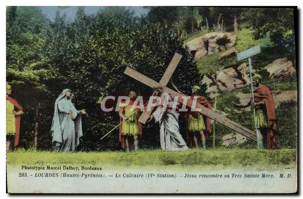 Lourdes (Hautes-Pyrénées) — Der Calvarienberg (IV. Station) — Jesus trifft seine Heilige Mutter. Phototypie Marcel Delboy, Bordeaux. N° 205. - Vorderseite