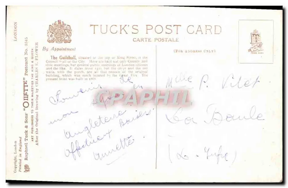 The Guild Hall — Londres — Tuck's Post Card No. 3546 - Verso