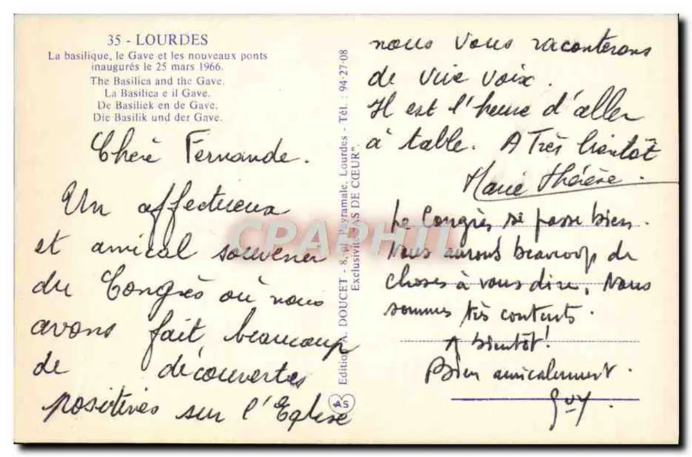 Lourdes — Die Basilika, der Gave und die neuen Brücken, eingeweiht am 25. März 1966 — Édition Doucet, Nr. 35 - Rückseite