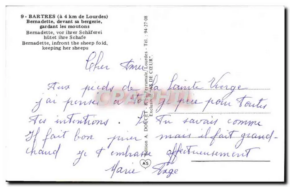 Bernadette diante de sua cabana — cuidando dos carneiros — Edição A. DOUCET, Lourdes - Verso
