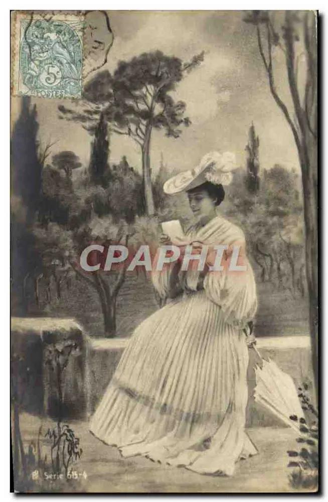 Frau in weißem Kleid im Garten — Serie 615-4 — Verlag nicht sichtbar - Vorderseite