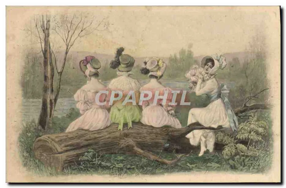 Quatro mulheres em vestidos de estilo vitoriano — sentadas em um tronco de árvore — M.M. Vienne, n° 257 - Frente