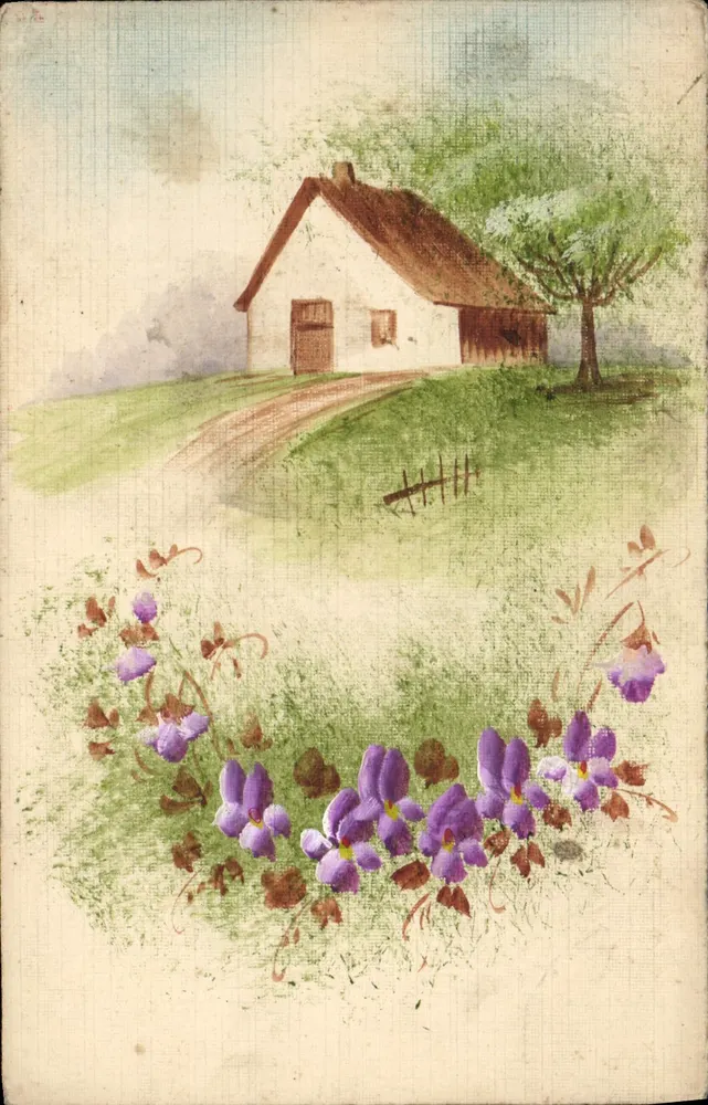 Castelo de Chornay — vista de campo com violetas — cartão postal - Frente