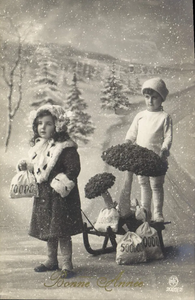 Schneeflocken-Kinder mit Schlitten — HTC 2025/2 - Vorderseite